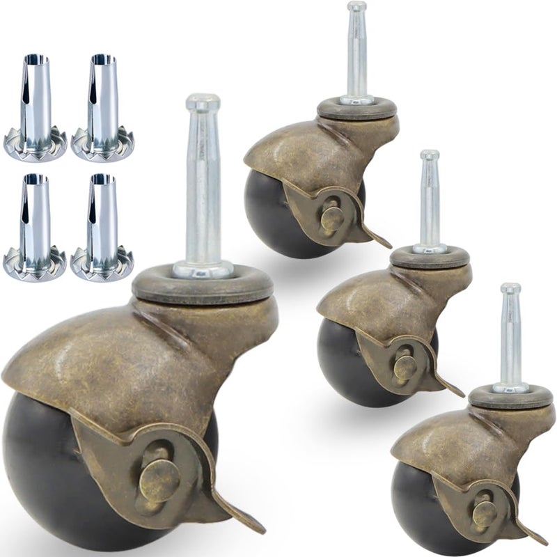 QAVBFA 1.5" Ball Caster – Vintage Antique Swivel Caster Wheel with Brake and Sockets for Furniture, Sofa, Old Chair, Cabinet – Pack of 4 (Stem Mounting 5/16" x 1-1/2") - Image 1